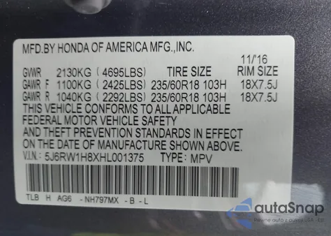 2017 Honda Cr-V Ex-L/Ex-L Navi z USA, uszkodzony, nr VIN 5J6RW1H8XHL001375